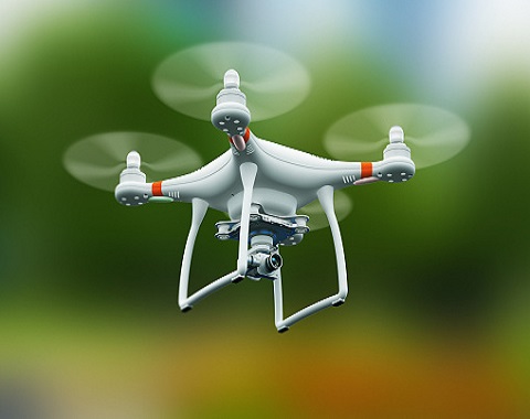 Creative abstract 3D render illustration of professional remote controlled wireless RC quadcopter drone with 4K video and photo camera for aerial photography flying in the air outdoors with selective focus effect